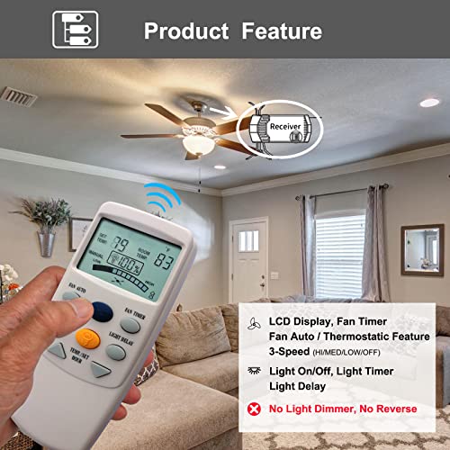 Universal Thermostatic Ceiling Fan Light Remote Control Kit, Replacement For Hampton Bay, Harbor Breeze, Hunter, W/Receiver, Timer, Lcd Display Temp, 3-Speed, Fan-9T L3Hfan-9T, No Dimmer, No Reverse #TOP1