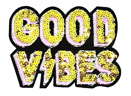 PP Patch Good Vibes Bolt Word Quote Sequins Glitter Twinkling Sparkling Cartoon Patch for Bags Jacket T-Shirt Embroidered Sign Badge Costume DIY Applique Iron on Patch