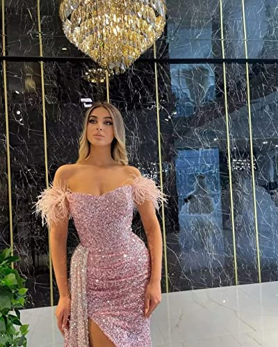 MuXiuFC Feather Sequin Prom Dresses 2023 Long Off Shoulder Formal Evening Party Bridesmaid Gown for Wedding with Slit4