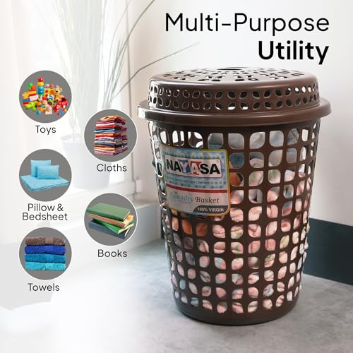 Image of Nayasa Plastic Laundry Basket with Lid - 44 Ltrs | Ventilated Clothes Hamper with Easy-Grip Handles | Clothes & Toy Storage Organizer |(Round Petal) Brown