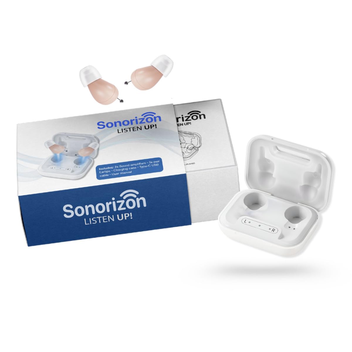 Sonorizon Hearing Soundverstärker, wiederaufladbares digitales In-Ear-Gerät mit adaptivem Sound-Boost, 20-Stunden-Akku, fast unsichtbare Hörverstärkungsknospen für Erwachsene und Senioren
