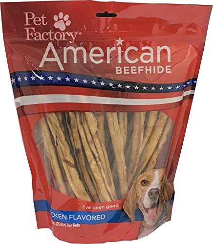 Pet Factory American Beefhide Chews 28225 Rawhide Chicken Flavor 10" Thin Rolls for Dogs. American Beefhide is a Great Source for Protein and Assists in Dental Health. 35 Pack, Resealable Package