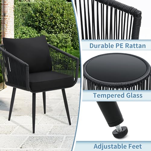 Image of Kromax 3-Piece Patio Rattan Bistro Conversation Set, Black | Outdoor All-Weather Wicker Furniture Chairs and Side Table Set, Ideal for Balcony, Porch and Backyard
