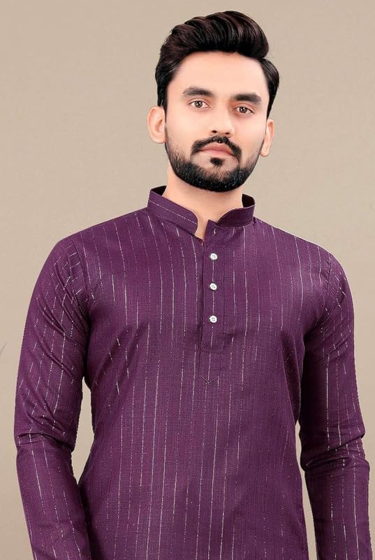 Image of FASHION GALLERY Men's Solid Pattern Polycotton Kurta with Long Sleeve Round Neck Knee Length and Pull On Closure Type|Men Kurta Pajama Set
