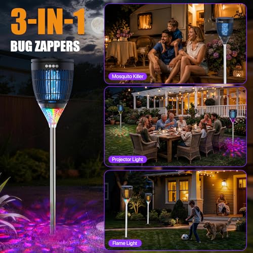 Image of Rossetta Solar Bug Zapper Outdoor, Fly Zapper with Flame & Projector Light | 4200V Shock Grid, Solar & USB Charging, IPX5 Waterproof, Auto Mode, Cordless Electric Mosquito Killer for Patio, Garden