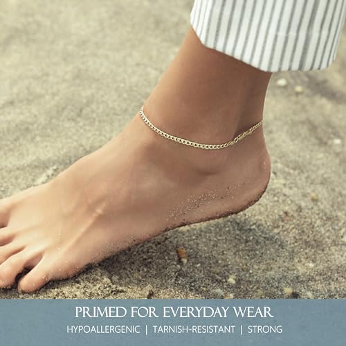KISPER Gold Ankle Bracelets for Women, 18K Gold Plated 925 Sterling Silver Anklets, Waterproof Tarnish Resistant, Curb/Rope/Figaro/Mariner Chain, 9, 10, 11 Inch4