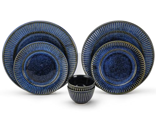 Image of Bodhi House Handcrafted Stoneware Reactive Glaze Ceramic Dinner Set, 6 Pieces Serving for 2, Microwave and Dishwasher Safe, Bone-ash Free, Crockery Set for Dining and Gifting, Indigo Blue