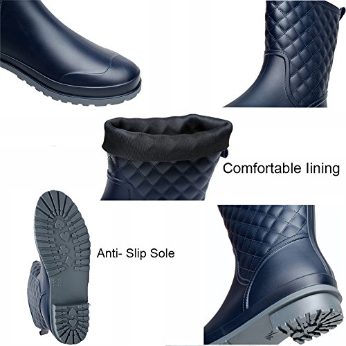17KM Womens Black Short Anti Slip Rain Boots Mid-Calf Waterproof Rubber Garden Rain Shoes 7 US, Grid Black - Thumbnail 6