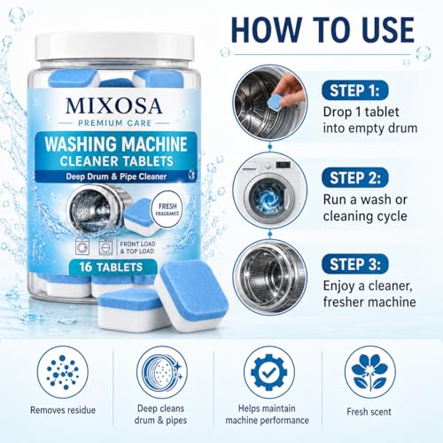 Image of scented Washing Machine (16 Tablets) Deep Cleaner Descaler Tablets for All Front and Top Load Machines, with Descaling and Stain-Removing Power (Fresh)