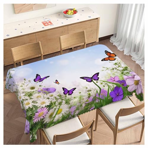 Nappe de Table Rectangulaire Imprimé Fleur Marguerite Papillons Lavable 137x183