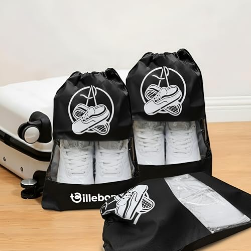 Image of Billebon Shoe Bag for Travel Bag for Man & Women Shoe Cover for Storage at Home Gym Reusable Travelling Accessories Organizer Pouch Travel Essentials Footwear Bags for Travelling Men -Pack of 6, Black