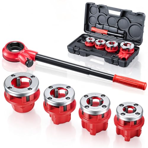 VEVOR Coffret Filières de Plombier, 4 Filières 1/2, 3/4, 1, 1-1/4 pouce NPT, Kit de Filetage de Tuyau à Cliquet Manuel pour Installation Réparation Tuyaux...