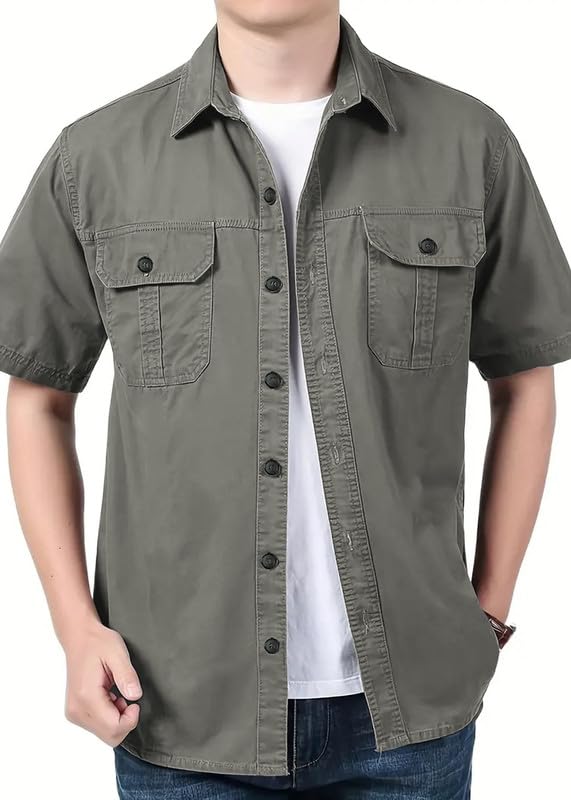 SHIENZY Men's Regular Fit Solid Printed Cotton Casual Shirt || Half Sleeve, Double Pocket || Denim Jacket Style Fashionable Western Outfit (1652_SHZ_Gry_S) 2