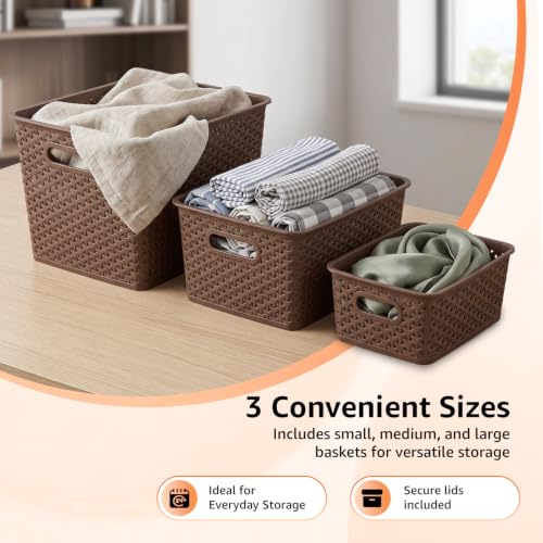Image of Amazon Basics Set of 3 (Small, Medium, Large) Plastic Storage Baskets with Lid Stackable Shelf Basket, Storage Box & Organiser for Wardrobe, Kitchen,Clothes, Toys, Books, Office (Brown, Rectangular)