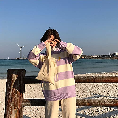 Free Valley Women Striped Chic Moon Embroidery Knitting Pullover Female Harajuku Kawaii Ulzzang Lazy Style Casual Sweater Purple #TOP2