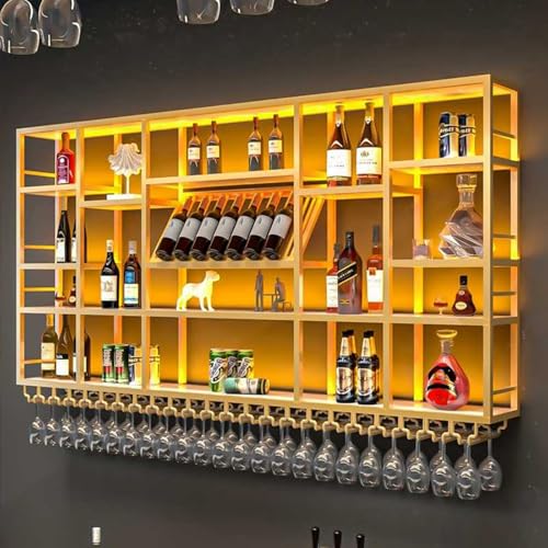 ACLips Estante de Vino de Metal Mejorado para Montar en la Pared, Moderno Estante de exhibición para licores y Copas de Vino, estantes Grandes de 3 Niveles para Montar en la Pared con luz LED, Esta