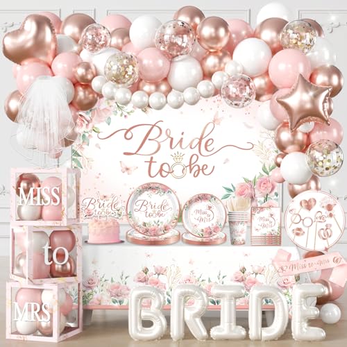 Cocomigo 330pcs Bride to Be Decorations One-stop Set for 25 People Includes 350gsm Plates Photo Props Cupcake Toppers Veil and Sash Pink Bridal Shower Decorations for Female