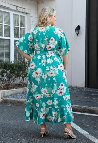 Image of Keluummi Plus Size Maxi Dress for Women V-Neck Floral Empire Waist 3 /4 Sleeve with Pockets