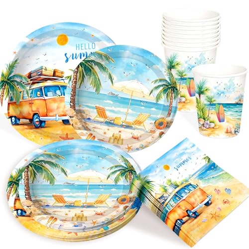 BACH AND BOOZY 44 pcs décoration d'anniversaire de plage assiettes et serviettes décoration d'anniversaire de plage avec planche de surf et vague de surf
