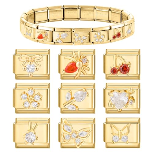 papasgix Custom Italian Charm Bracelet Charms Gold Set 10 Personalized Charm Brascelets 9mm Assorted Italian Charms Bracelet Links Handmade DIY Jewelry Cherry Strawberry Diamond4