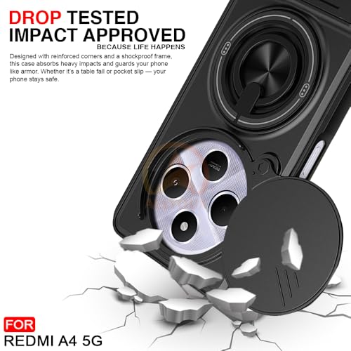 Image of Redmi A4 / 14C / C75 5G / M7 5G Back Cover | Armor Camera Slider 360 Degree Rotating Finger Ring Holder Case with Bracket Stand Back Case Cover (Compatible with MagSafe Accessories) (Black)