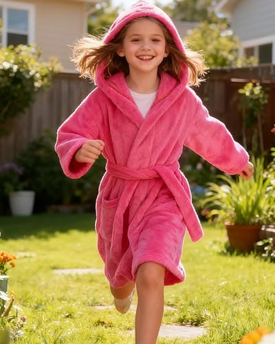 Image of Girls Fleece Hooded Robes, Warm Printed Bath Robe for Kids Soft Fuzzy Bathrobe for Gifts