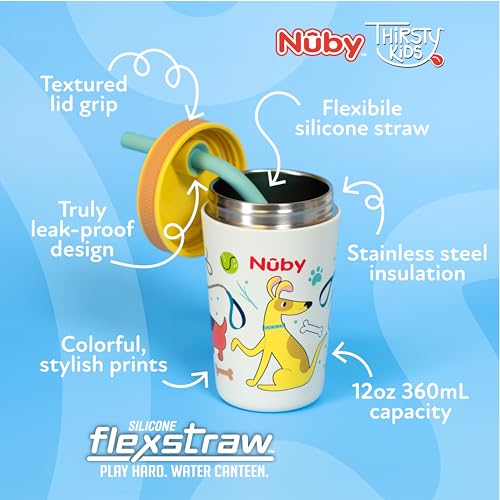 Image of Nuby Thirsty Kids Flexstraw Stainless Steel Insulated Toddler Cup - 12 oz | Leak-Resistant Silicone Straw - Easy-Clean Valve and Capacity - Travel Cup - Dogs