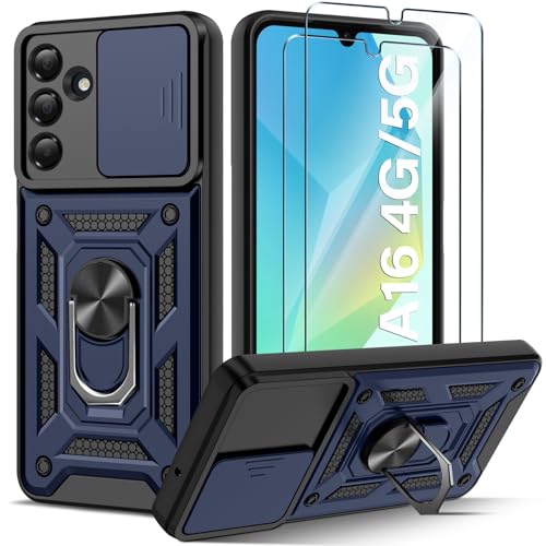 Guisessy für Samsung Galaxy A36 5G Hülle, für Samsung A36 5G Handyhülle Kameraschutz Slide Camera und 2 Stück Schutzfolie, Drehbarer Fingerring Ständer Stoßfest Schutzhülle - Blau