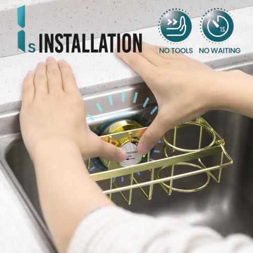 Image of TAILI 4-in-1 Sponge Holder for Kitchen Sink with Strong Suction Cup-Gold | Removable Rustproof 304 Stainless Steel Multi-compartment Sponge Holder with Suction Cup, Keeps Brushes & Scrubbers Tidy