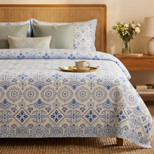 Image of Naksh Queen Size Bed Sheet Blue Geometric Print 2 Pillow Covers | Modern Blue Geometric Print with Symmetrical Pattern | Bed Sheet Double Bed | Royal Sajawat Collection |