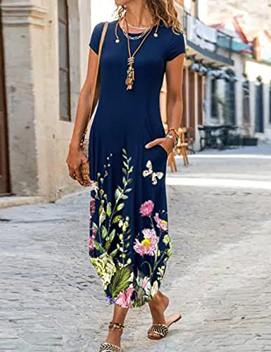 Image of Women Summer Casual Maxi Dress Floral Printed Loose Pockets Short Sleeve Split Boho Dresses