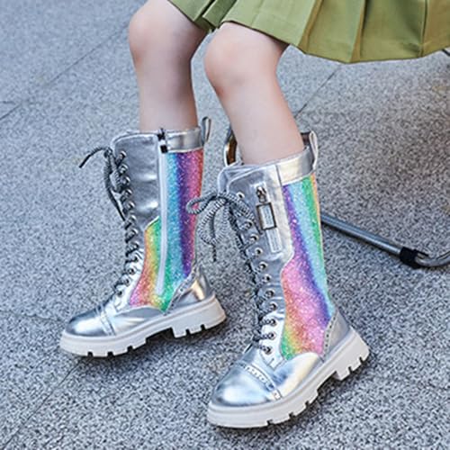Girl's Glitter Riding Boots Knee High Combat Boots Lace Up Side Zip Tall Military Boots for Toddler/Little Kid/Big Kid3