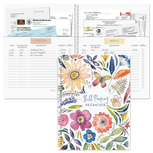 Current Embroidered Florals Bill Paying Organizer Book-9 x 12 Personal Account Book Spiral Bound 14 Storage Pockets 32 Label Stickers Monthly Finance & Payment Management Tracker for Home & Office