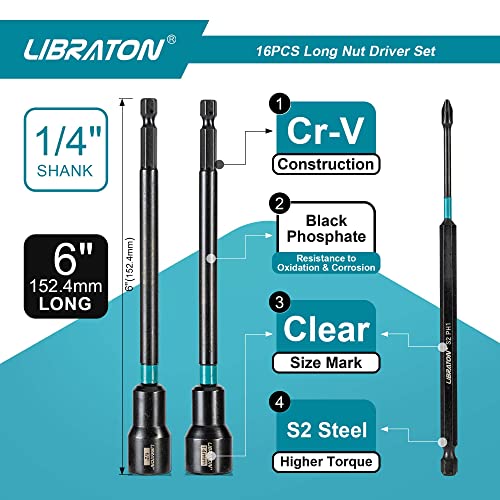 Libraton 16Pcs Magnetic Nut Driver Set, Long Nut Drivers 6Inch, Metric & Sae Nut Drivers For Impact Drill, Long Shank Nut Driver Bits, 1/4"Hex Shank, Long Power Bits, Ph1, Ph2, With Storage Bag #TOP2