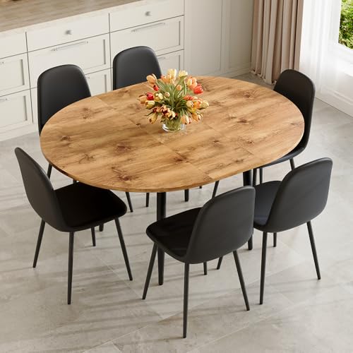 Image of FURNITO Wood Dining Table Set for 6, 42 inch-54 inch Round to Oval Extendable Table with 6 Chairs, Space-Saving Contemporary Dining Room Tanble Set for Small Apartments or Kitchens, Easy Assembly
