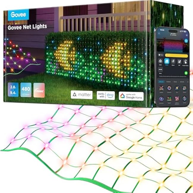 Govee Outdoor Net Lights, 2.8 ¡Á 9.4ft with RGBIC and DIY Functions, 480 LEDs Smart Net Lights with 64 Modes for Bush Patio Decor, IP65 Waterproof, Compatible with Alexa & Google Assistant, Green Wire