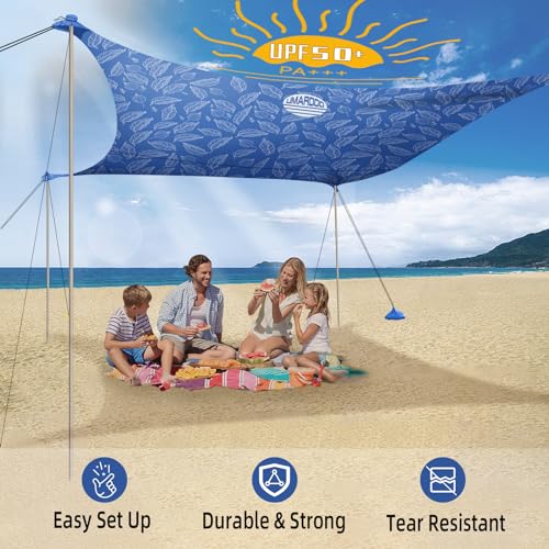 Image of UMARDOO Family Beach Tent Canopy Sun Shade Portable, Large Compact Beach Sun Shelter Easy Setup with Packable Bag for Outdoor Travel (Printed Blue, 12X12 FT. 4Poles)