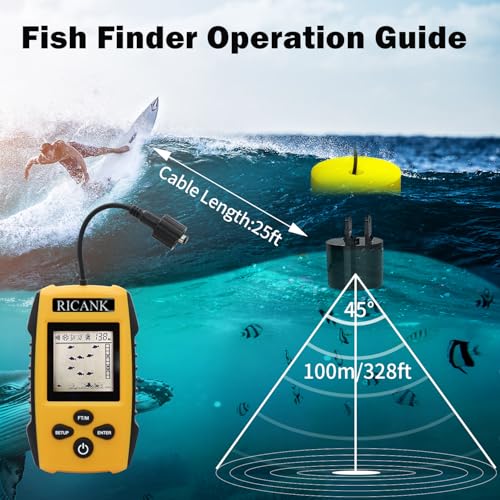 Image of Portable Fish Finder, Handheld Fish Depth Finder Contour Readout Fishfinder Ice Kayak Shore Boat Fishing Fish Detector Device with Sonar Sensor Transducer and LCD Display Gear Fish Depth Finder