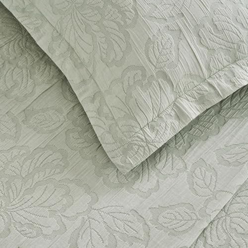 Superior 3 Piece Cotton Bedspread Set, Home Bed Decor, Decorative Bed Spread, 2 Pillow Shams, Medium Weight Blanket, Matelasse Coverlet, Bedding Essentials, Hibiscus Collection, King, Sage