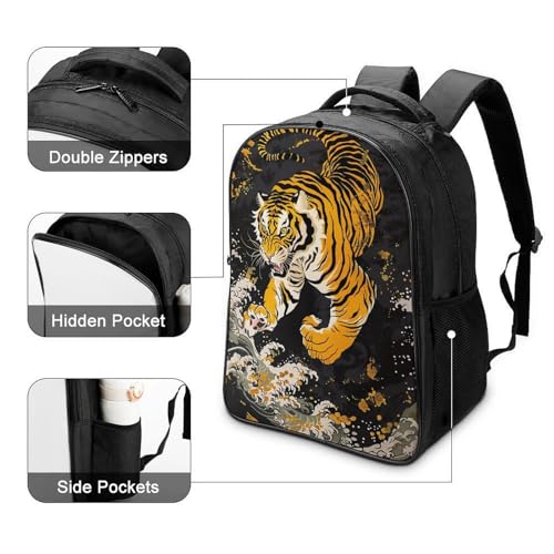 Japanese Tiger Wave Funny 16 Inch Backpack for Men Women Casual Daypack with 2 Compartment for Travel Work4