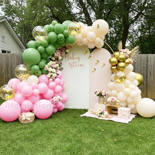 Pink and Green Balloon Arch Kit with Gold Butterflies – Double Stuffed Sage Green Pink Balloon Garland Kit for Girls Baby in Bloom Baby Shower, Birthday, Bridal Shower & Wedding Decorations