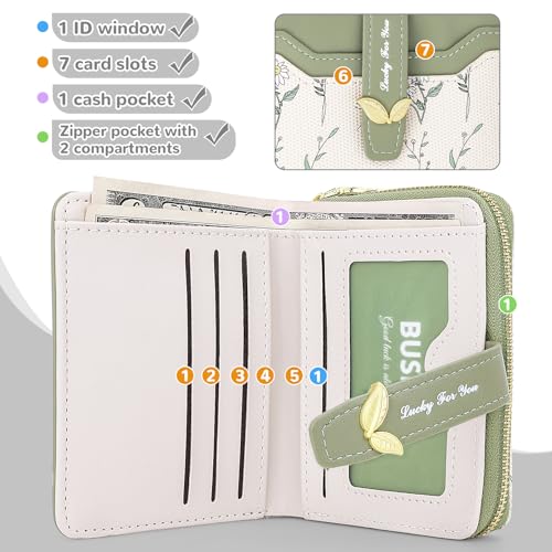 Small Wallet Womens Green Flower Cute Wallet's Women Mini Wallets for Ladies Slim Change Purse for Ladies Bifold Wallet Womens With Zipper Coin Pocket Purses Card Holder for Women4