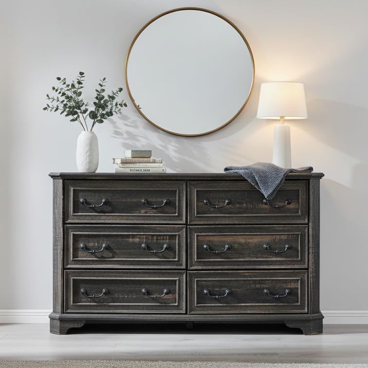 RedLemon Farmhouse 6-Drawer Dresser, 54 Inch Wide Rustic Wood Chest of Drawers for Bedroom, Vintage...