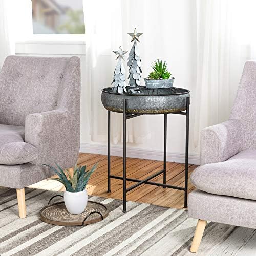 glitzhome Farmhouse Metal End Table,Folding Galvanized Side Table Waterproof Coffee Table Sofa Side Table with Removable Tray for Living Room Bedroom Balcony and Office Decoration