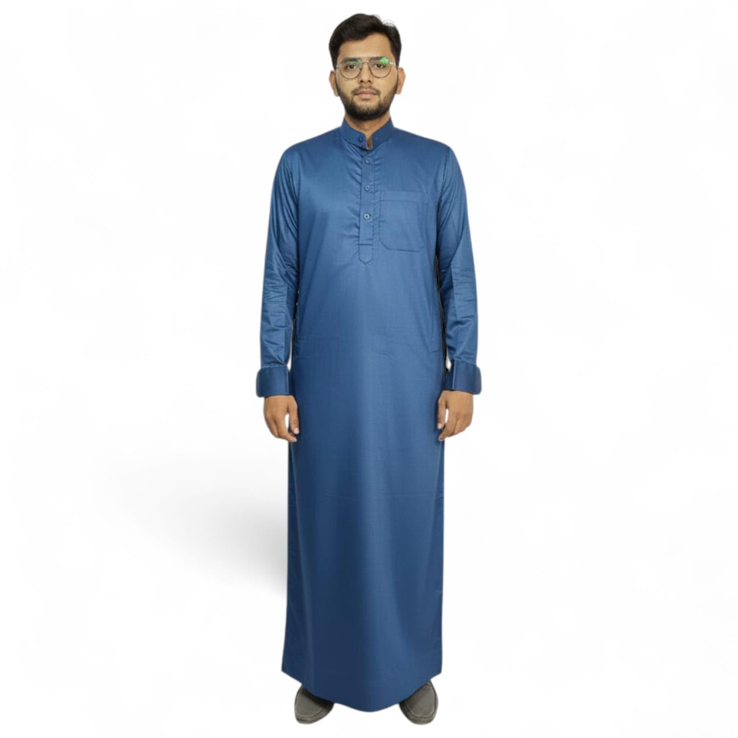 Men's Blue Jubba Kurta, Saudi Style, Traditional Islamic Thobe with Chest Pocket, Full Sleeve, Wedding-picture-33