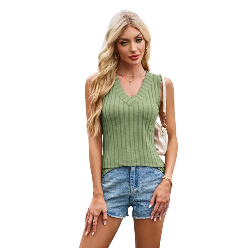 Spring & Summer Sleeveless Large V-Neck Solid Color Striped Pullover – Women’s Simple Top Light Green-image-32