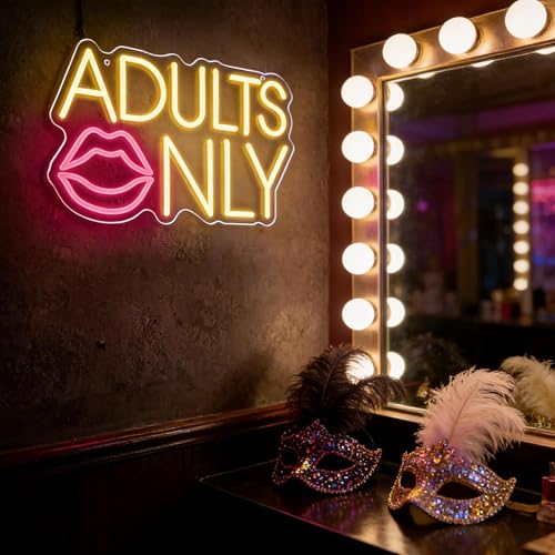 Image of Adults Only Neon Sign with Lips, Warm Yellow and Pink LED Neon Light for Wall Decor, Dimmable Sexy Signs for Home Bar, Club, Man Cave, Bachelor Party, Bedroom, Apartment Aesthetic Art (10.4 inch x 16.5 inch)