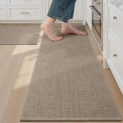 tchdio Kitchen Mats for Floor Set of 2 PCS, Rubber Backed Kitchen Rugs Non Slip Washable, Superior Absorbent Kitchen Mat Easy to Clean, Comfort Kitchen Floor Mat Front of Sink Tan 17"x29"+17