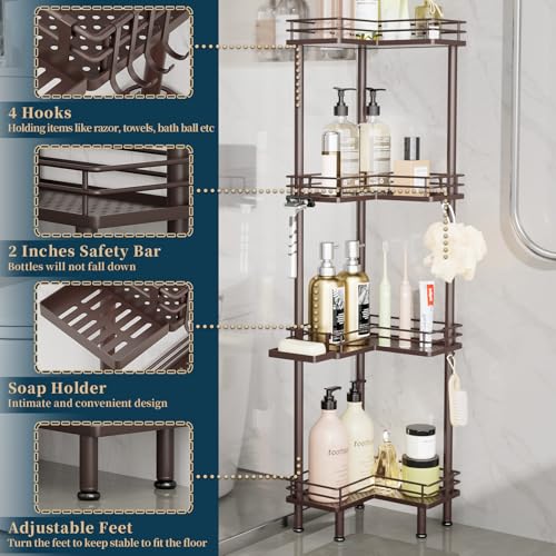 Image of Consumest Corner Shower Caddy Standing - 4-Tier Stainless Steel Shower Organizer with Soap Holder and 4 Hooks, Large Capacity Corner Shelf Stand for Bathroom, Rest Room, Bronze