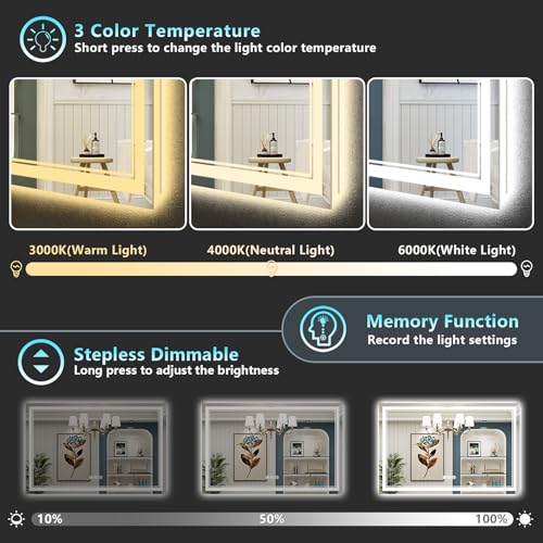 Image of 55x36 LED Bathroom Mirror with Lights, Backlit and Front Lit Anti-Fog Lighted Vanity Mirrors for Bathroom Wall, Dimmable, 3-Color Light, Memory, Shatter-Proof, HD Tempered Glass, CRI>90